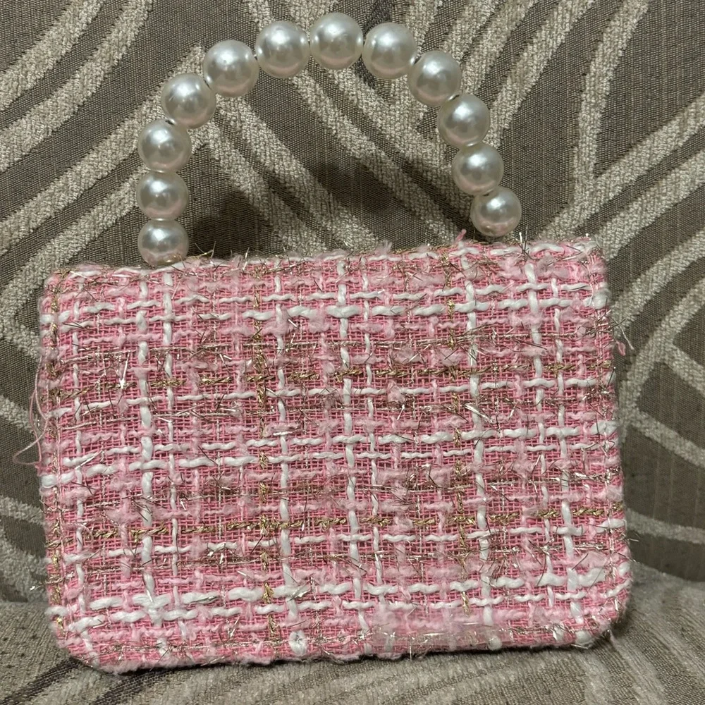 Pink Tweed Purse with Pearl Handle/Gold Crossbody Strap - Picture 6 of 8